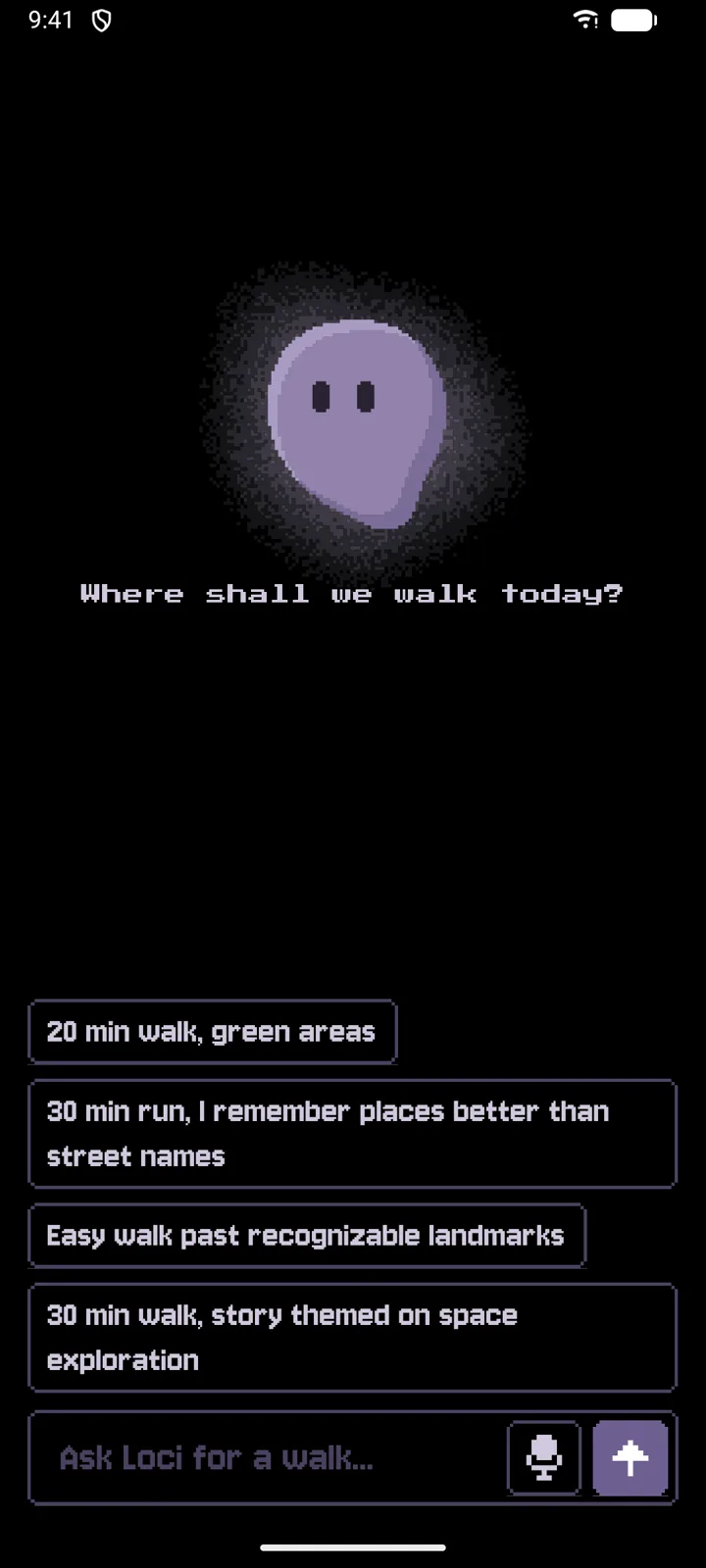 Loci's chat screen: the violet companion above the prompt “Where shall we walk today?” and suggested walks such as a 20 minute walk with green areas.
