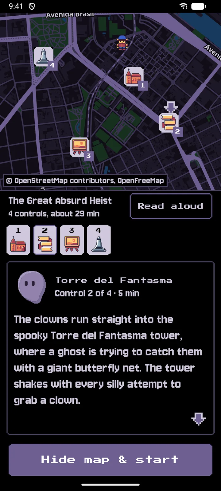 The memorize screen: a night map with four numbered landmarks, the route title The Great Absurd Heist and the second fragment of its story, about the Torre del Fantasma tower.