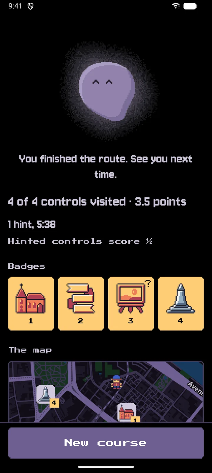 The results screen: Loci smiling, 4 of 4 controls visited for 3.5 points, four place badges and the route map.
